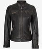 Gesteppte, abgenutzte Damenjacke aus echtem Lammleder in Braun im Biker-Stil