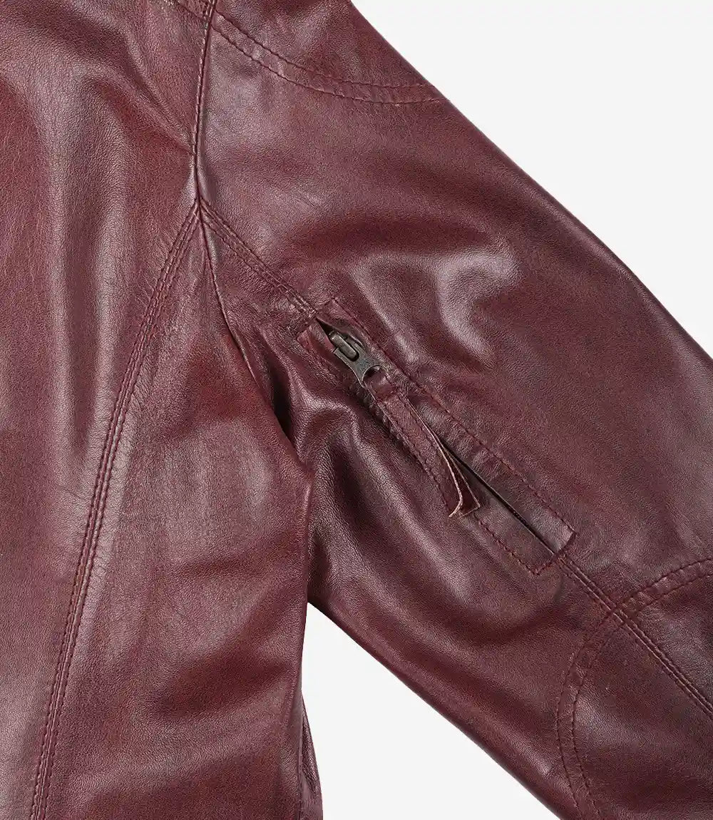 Burgunderrote Damenjacke im Biker-Stil aus echtem Lammleder