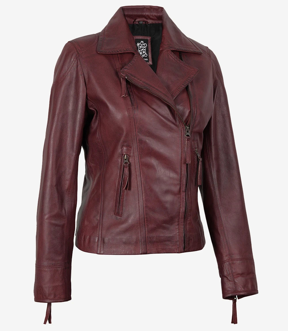 Burgunderrote Damenjacke im Biker-Stil aus echtem Lammleder