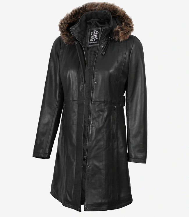 Schwarzer Premium-Ledermantel für Damen – Abnehmbare Pelzkapuze