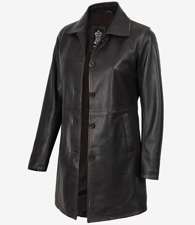 Damenmantel aus echtem Leder im Used-Look, braun, 3/4-Länge