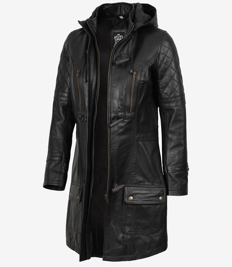 Schwarzer 3/4-Ledermantel mit Kapuze für Damen