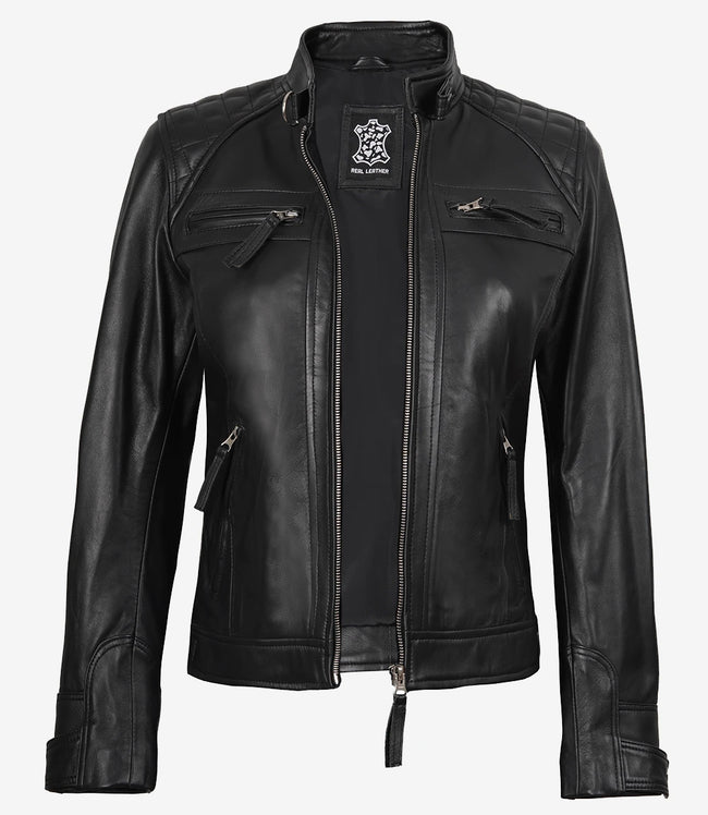 Schwarze gesteppte Lederjacke im Biker-Stil für Damen, Petite