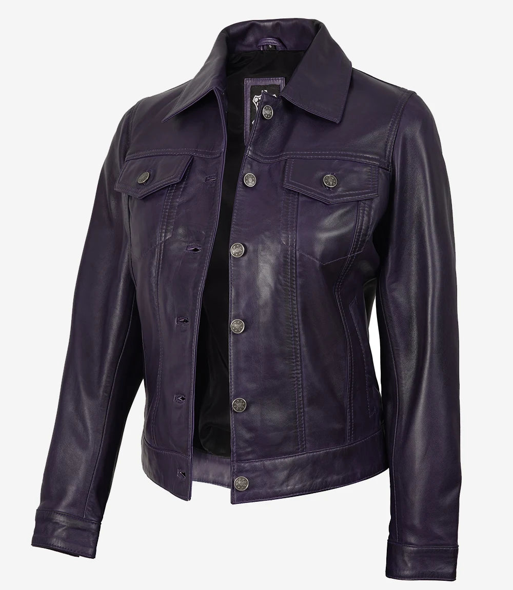 Lila Trucker-Lederjacke für Damen