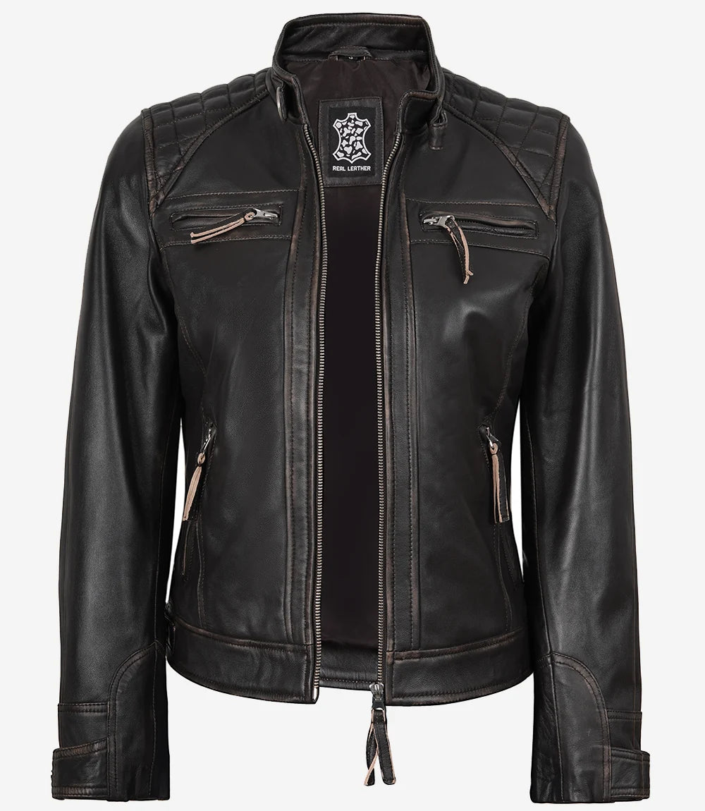 Gesteppte, abgenutzte Damenjacke aus echtem Lammleder in Braun im Biker-Stil