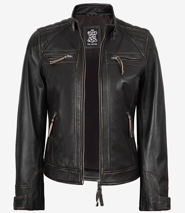 Gesteppte, abgenutzte Damenjacke aus echtem Lammleder in Braun im Biker-Stil
