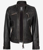 Gesteppte, abgenutzte Damenjacke aus echtem Lammleder in Braun im Biker-Stil