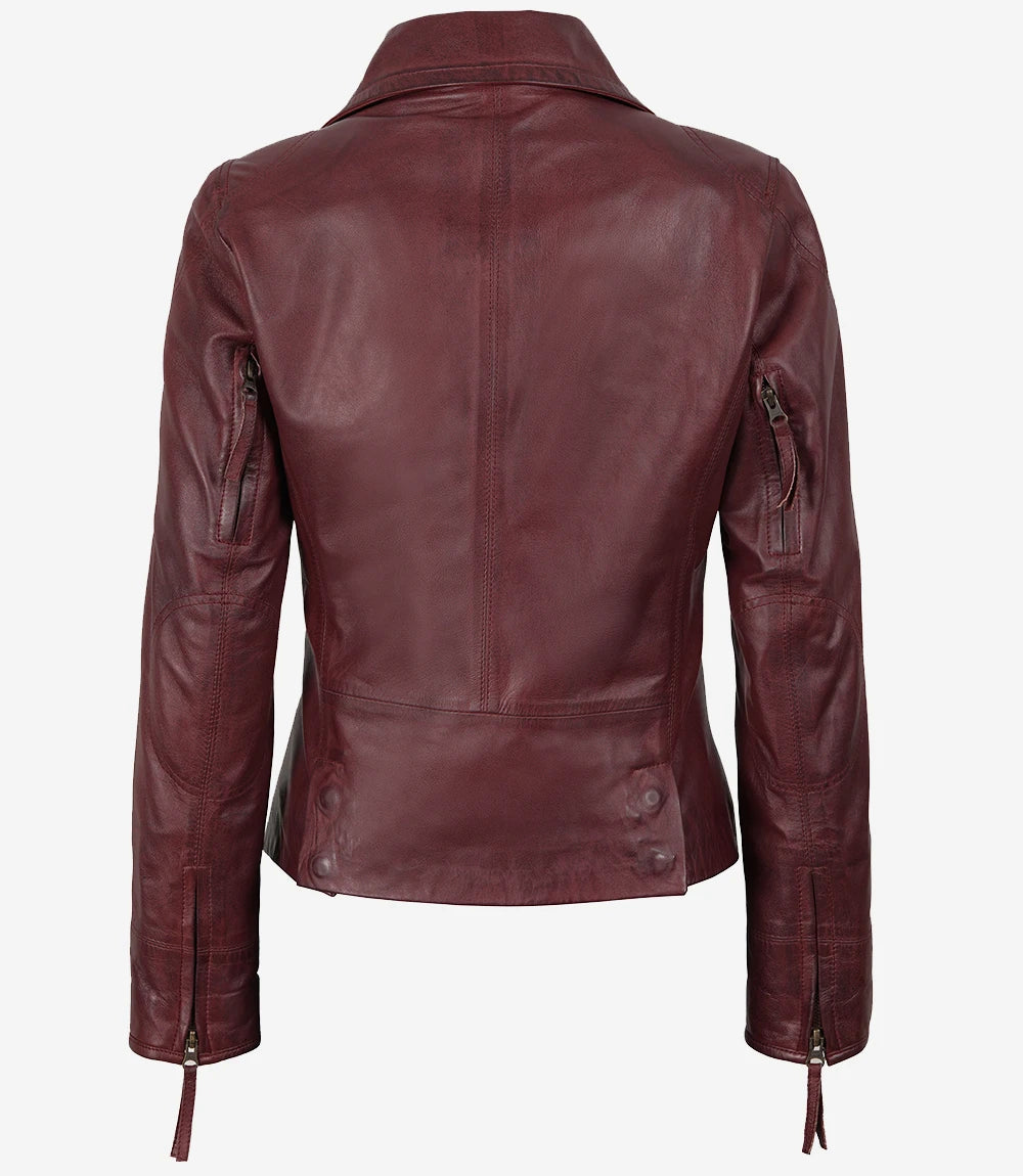 Burgunderrote Damenjacke im Biker-Stil aus echtem Lammleder
