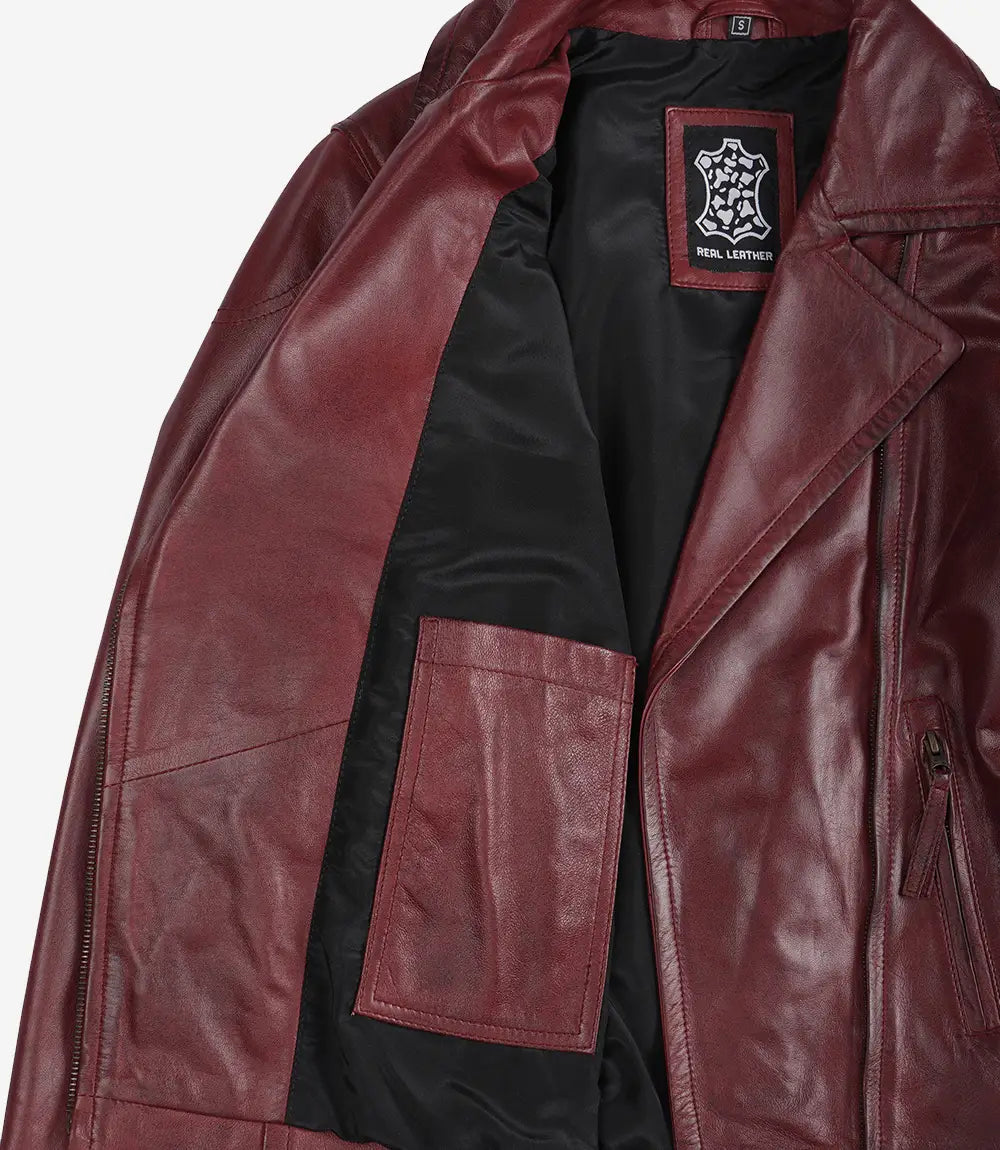 Burgunderrote Damenjacke im Biker-Stil aus echtem Lammleder