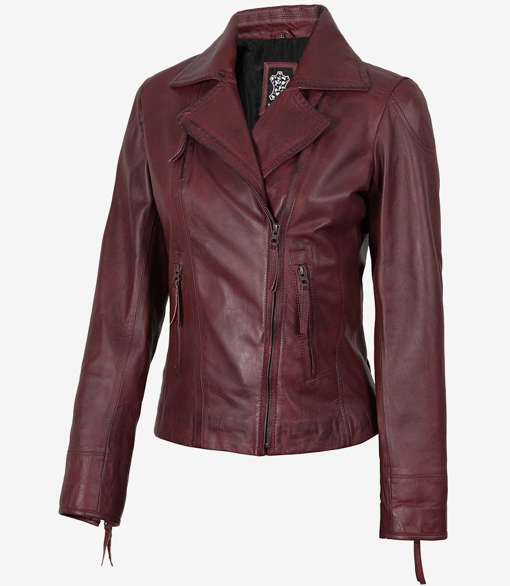Burgunderrote Damenjacke im Biker-Stil aus echtem Lammleder