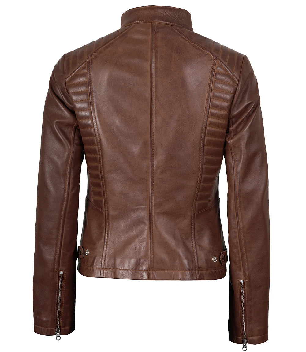 Damenjacke aus echtem Leder im Biker-Stil, Cognac