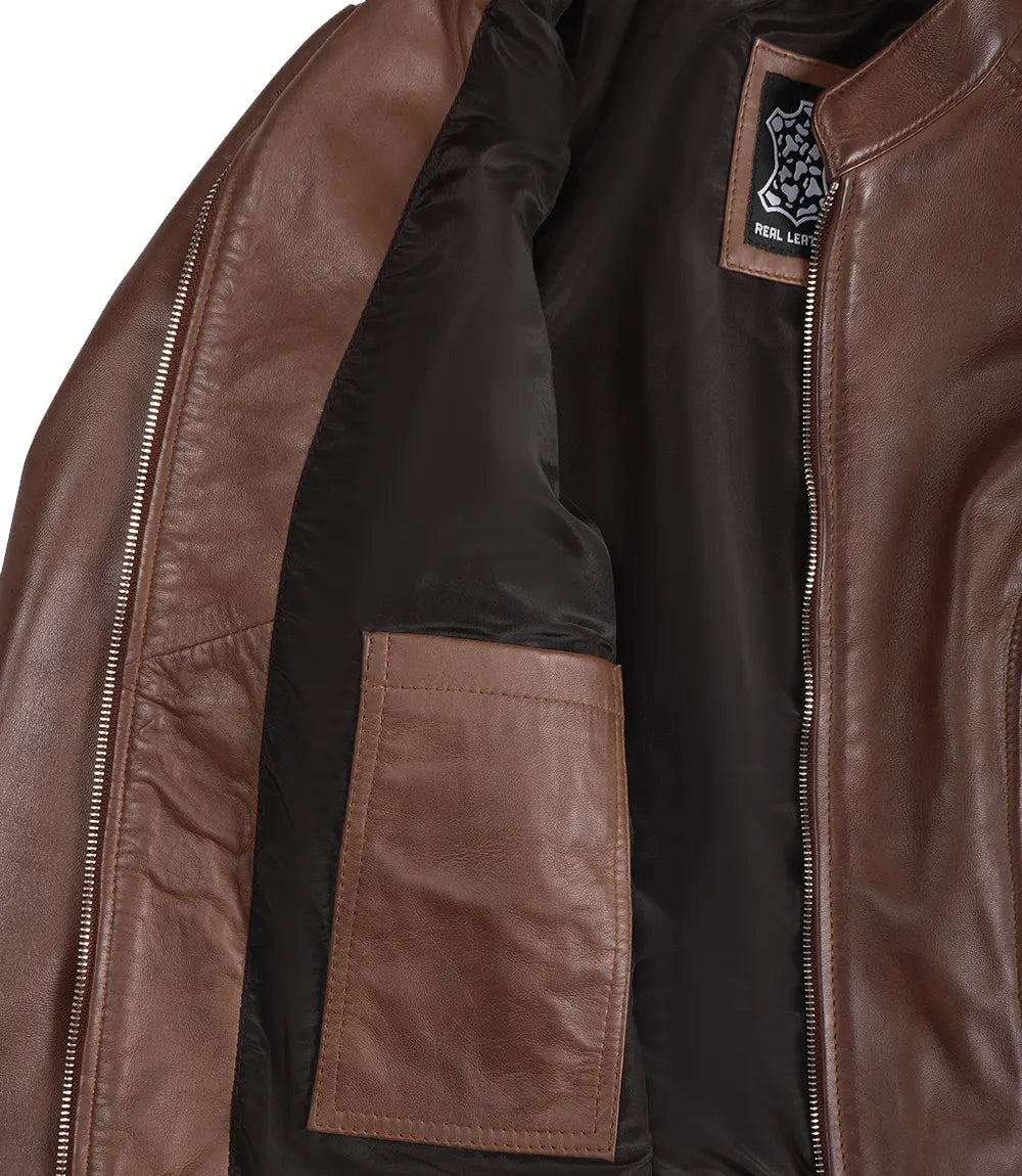 Damenjacke aus echtem Leder im Biker-Stil, Cognac