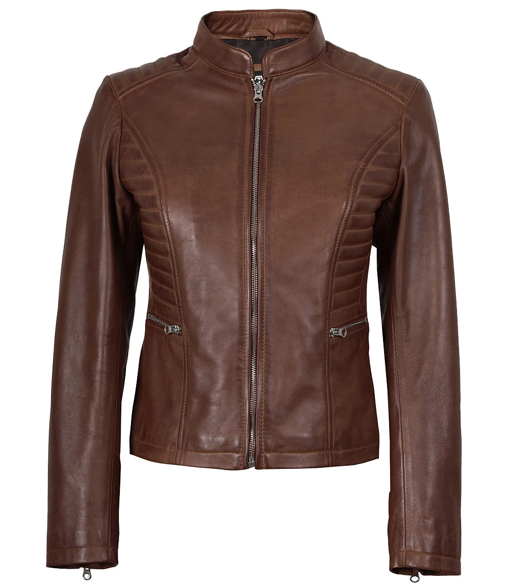 Damenjacke aus echtem Leder im Biker-Stil, Cognac