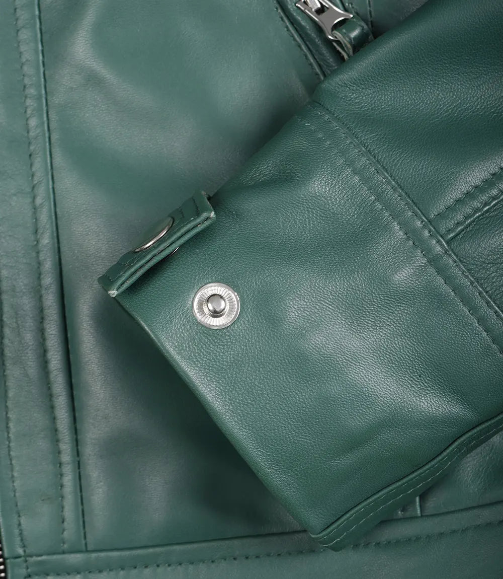 Grüne Jacke im Biker-Stil aus echtem Leder für Damen – gesteppte Schultern