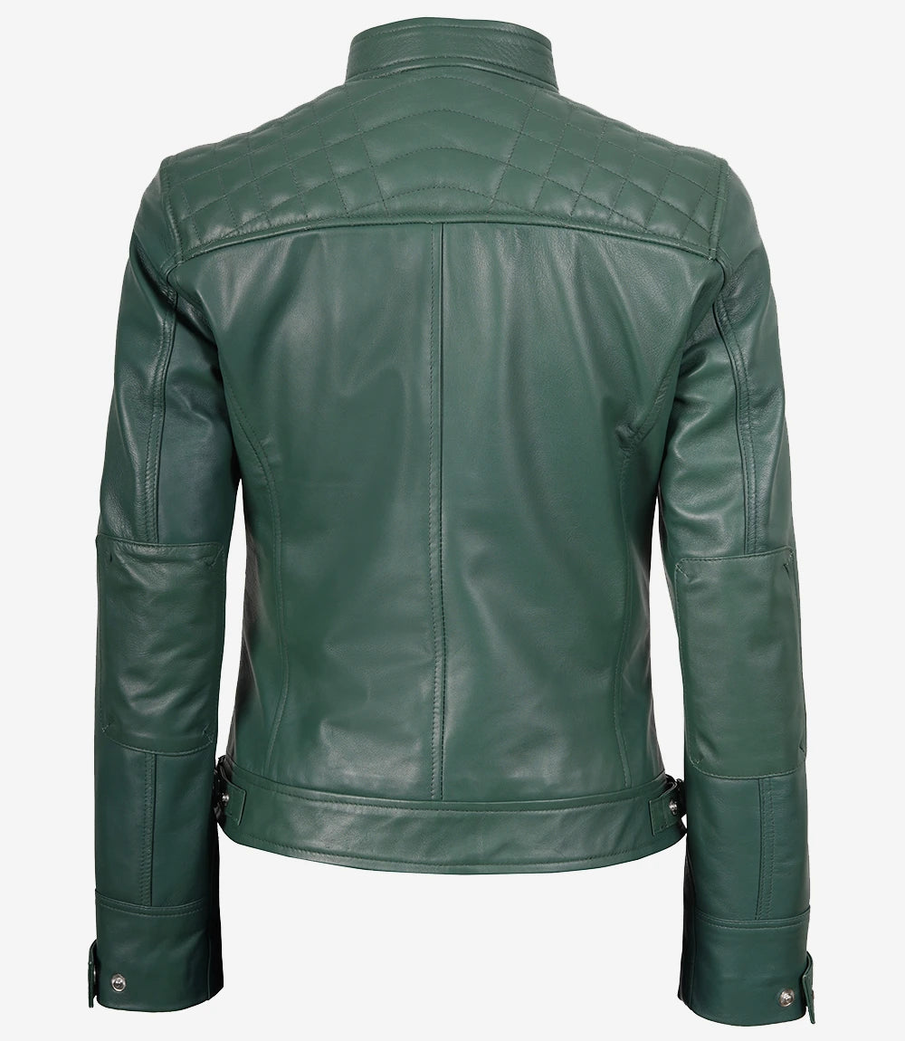 Grüne Jacke im Biker-Stil aus echtem Leder für Damen – gesteppte Schultern