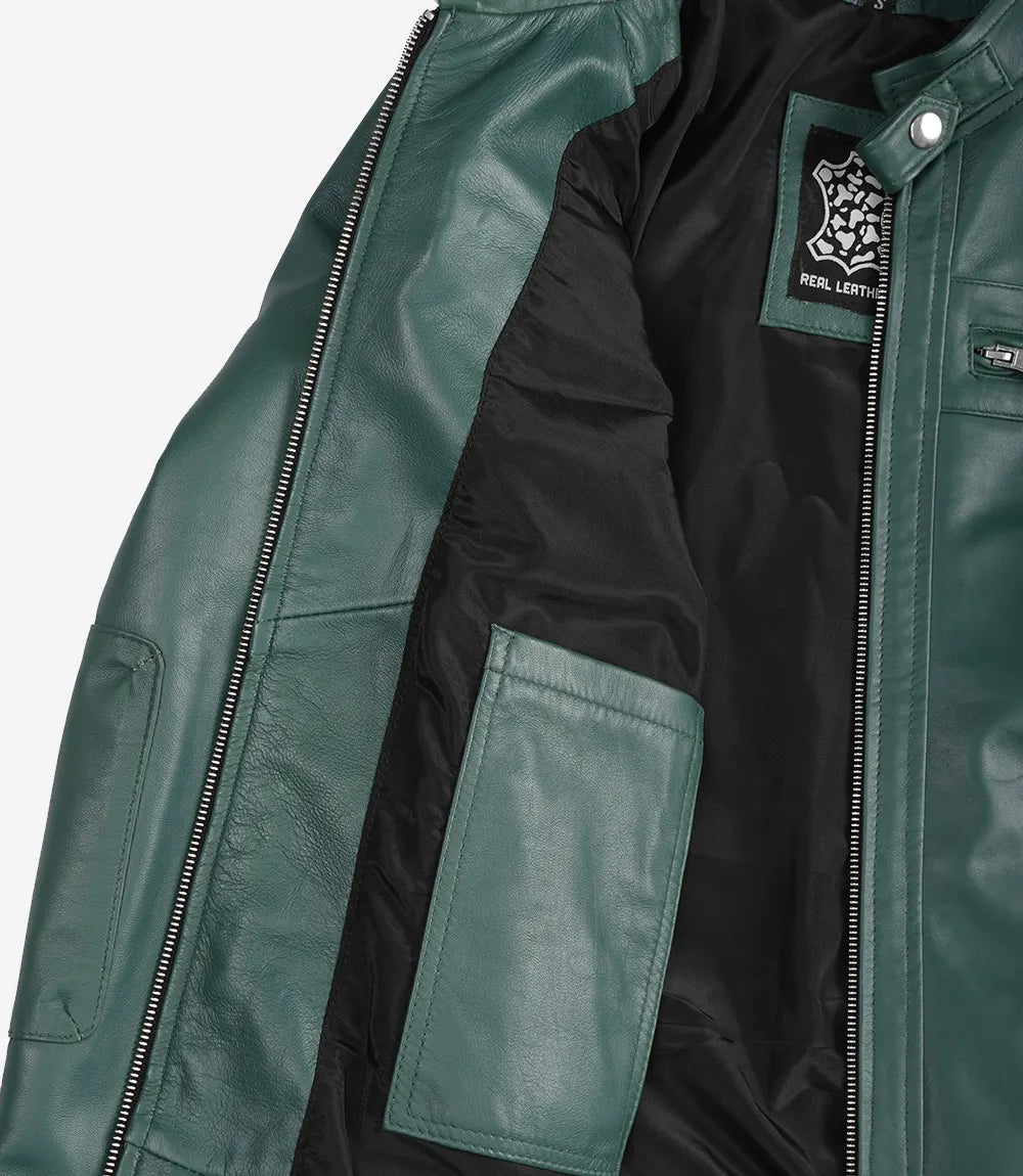 Grüne Jacke im Biker-Stil aus echtem Leder für Damen – gesteppte Schultern
