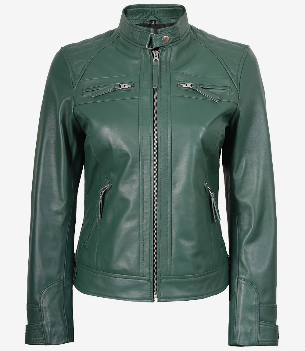 Grüne Jacke im Biker-Stil aus echtem Leder für Damen – gesteppte Schultern