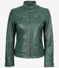 Grüne Jacke im Biker-Stil aus echtem Leder für Damen – gesteppte Schultern