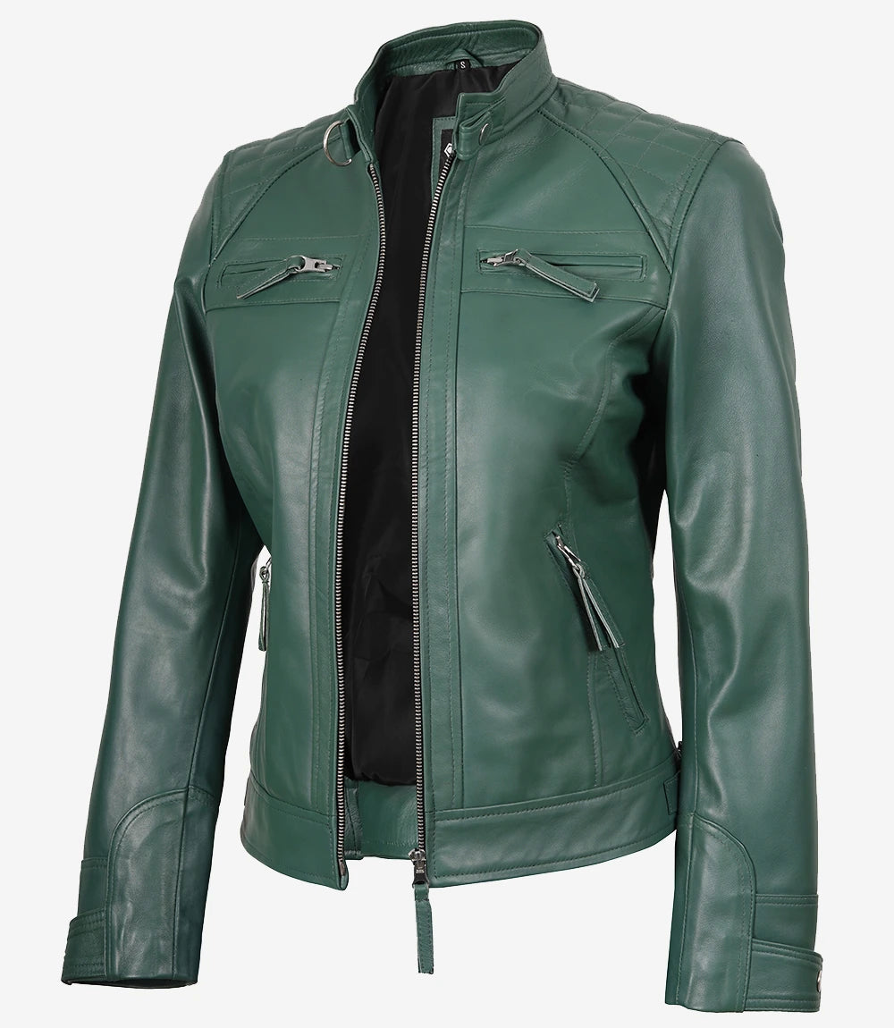 Grüne Jacke im Biker-Stil aus echtem Leder für Damen – gesteppte Schultern