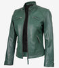Grüne Jacke im Biker-Stil aus echtem Leder für Damen – gesteppte Schultern
