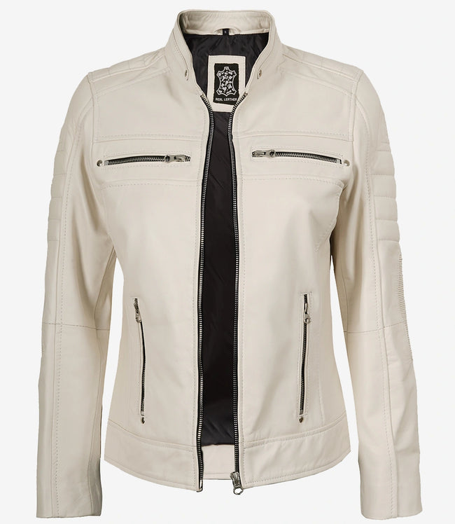 Damen Echtleder Off White Lederjacke im Biker-Stil