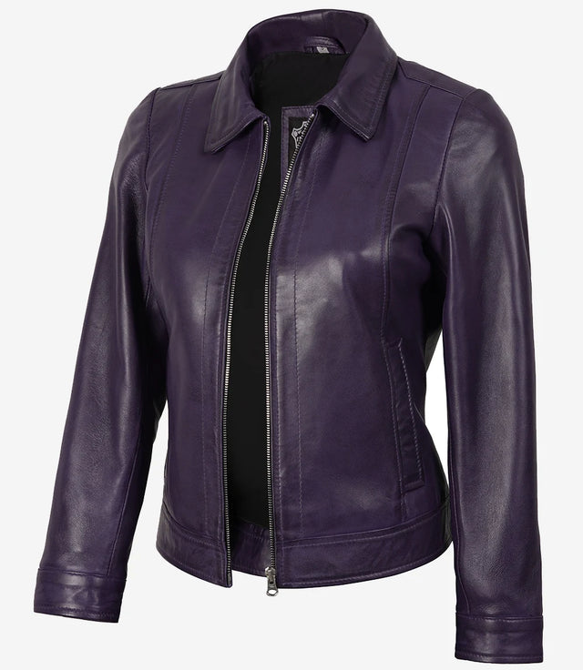 Lila Lederjacke mit Hemdkragen für Damen