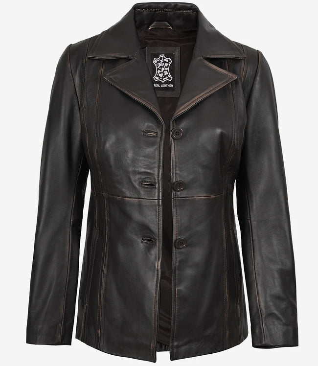 Damenblazer aus braunem Leder im Used-Look mit drei Knöpfen