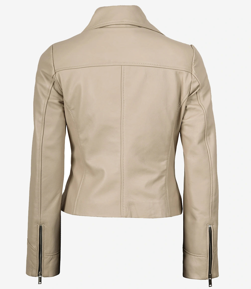 Beigefarbene Bikerjacke aus echtem Lammleder für Damen