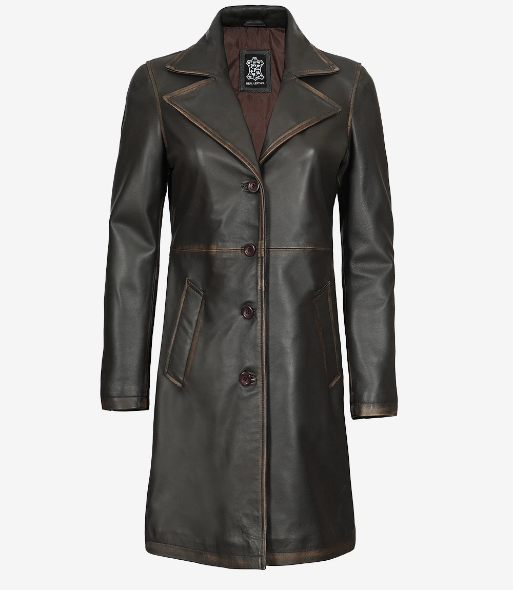 Brauner 3/4-Ledermantel im Used-Look für Damen