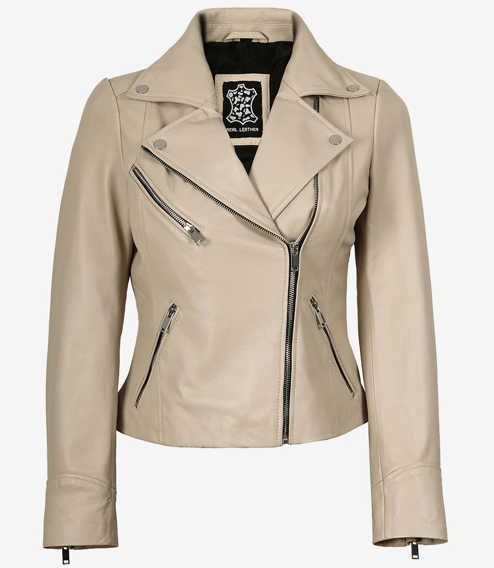 Beigefarbene Bikerjacke aus echtem Lammleder für Damen