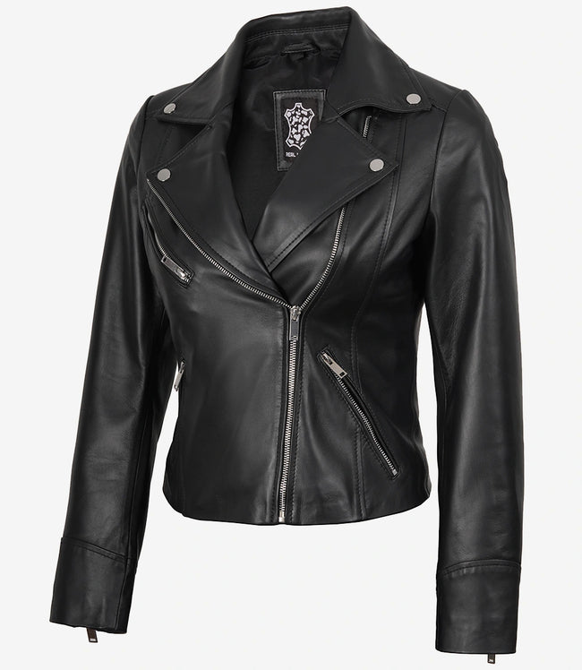 Rita Damen Asymmetrische schwarze Lederjacke im Biker-Stil