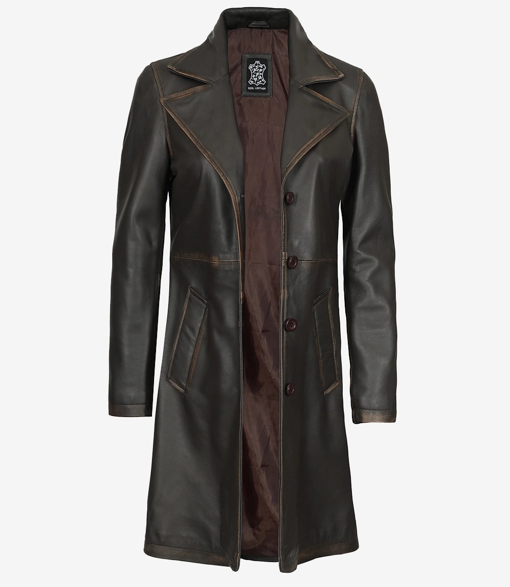 Brauner 3/4-Ledermantel im Used-Look für Damen
