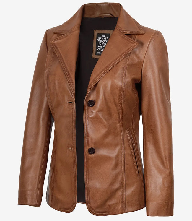 Damen-Lederblazer mit zwei Knöpfen und Revers in Hellbraun