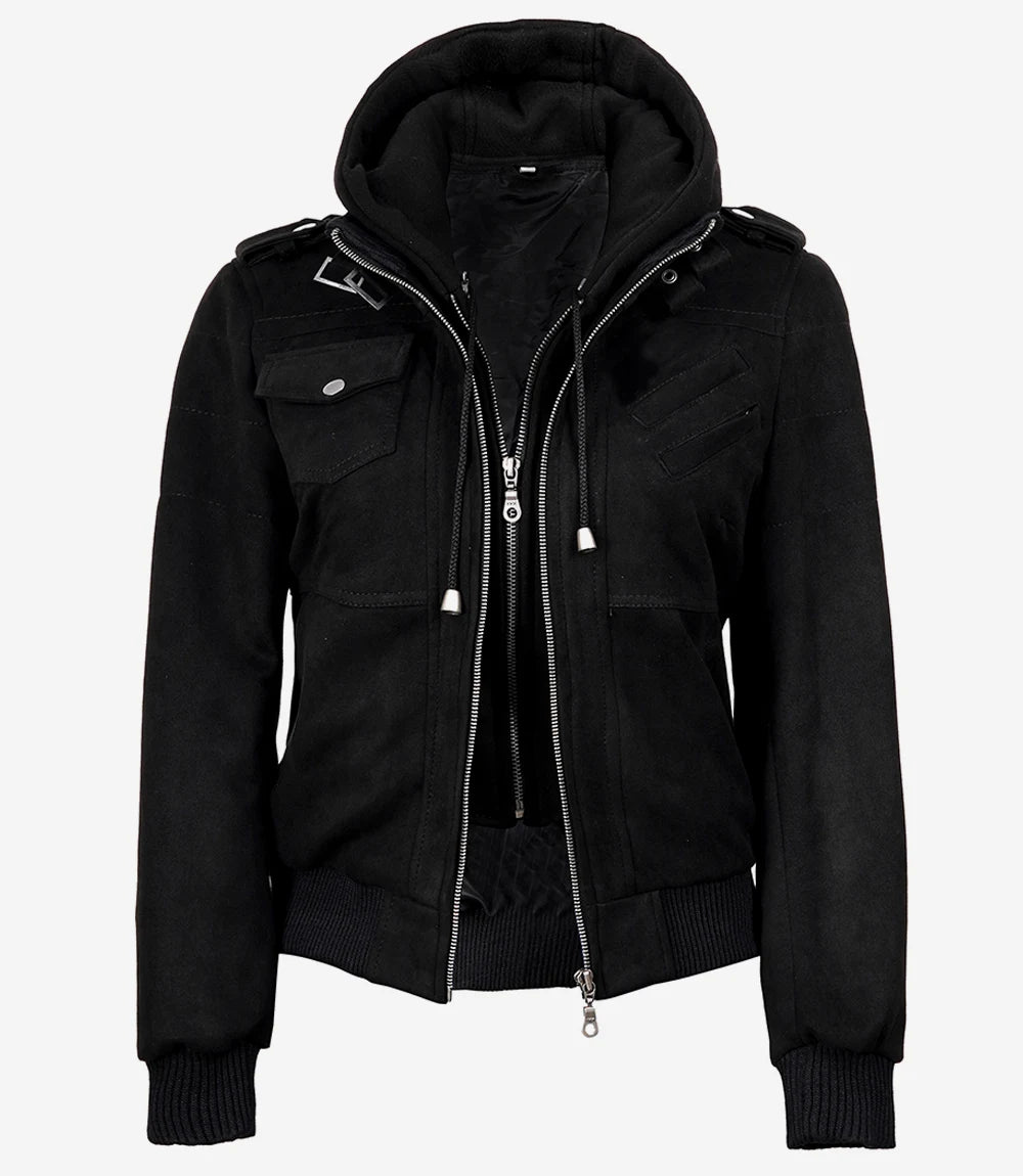 Women's Black Faux Suede Hooded Bomber Jacket