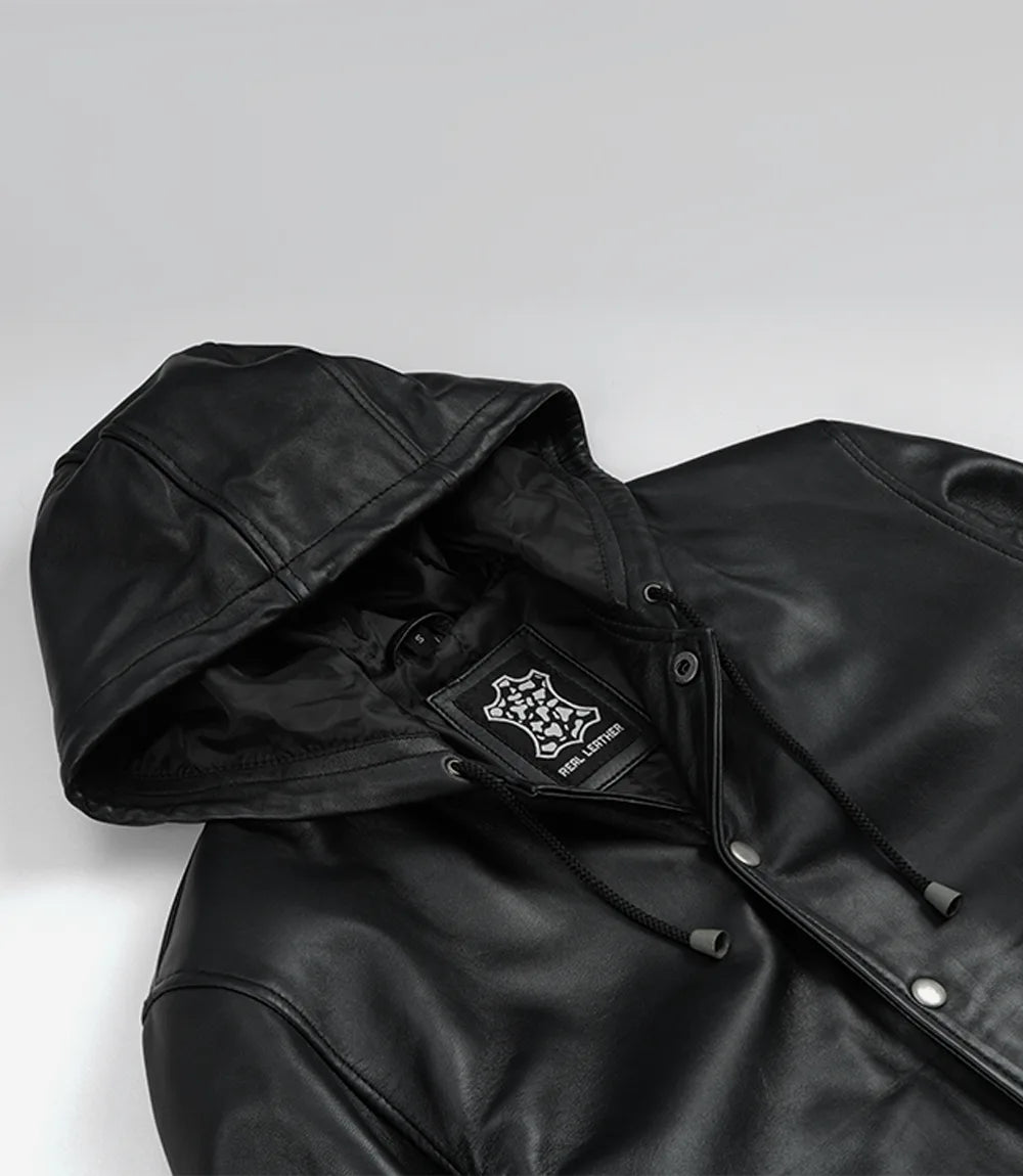 Mens Black Hooded Leather Bomber Jacket - Letterman Style