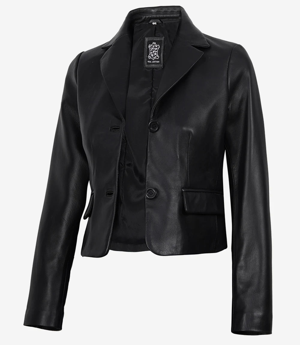Women's Premium Black Leather 2-Button Cropped Blazer