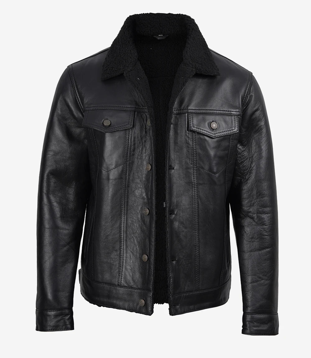 Men's Black Real Lambskin Leather Trucker Jacket – Sherpa Lined