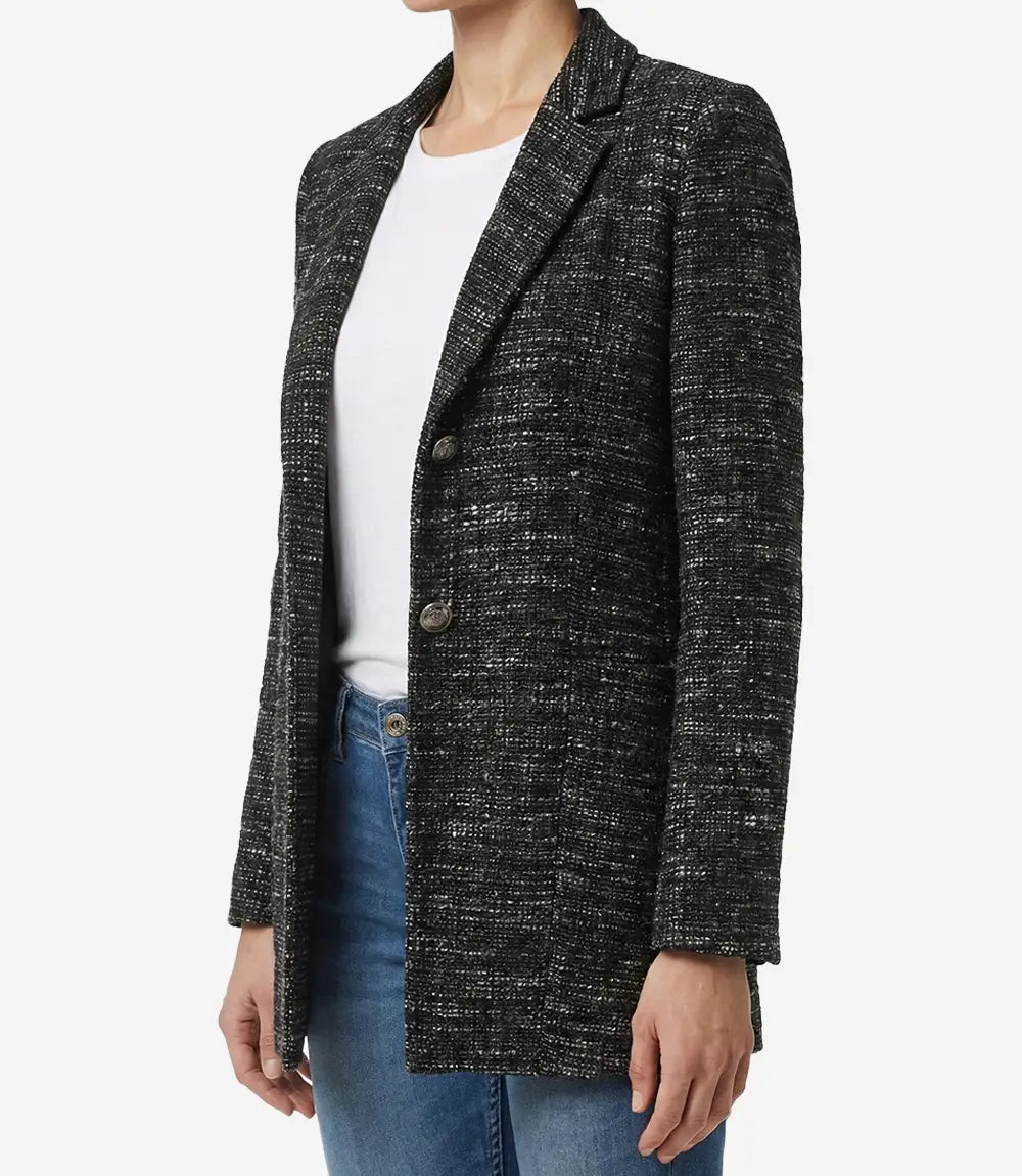 Womens Black Tweed Two Button Wool Blazer Jacket