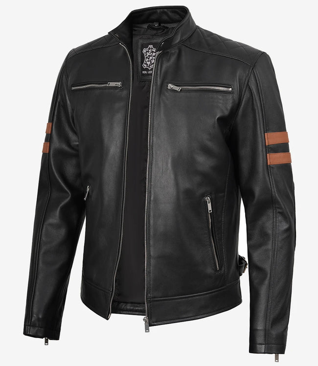 Schwarze Lederjacke im Biker-Stil für Herren mit hellbraunen Armstreifen