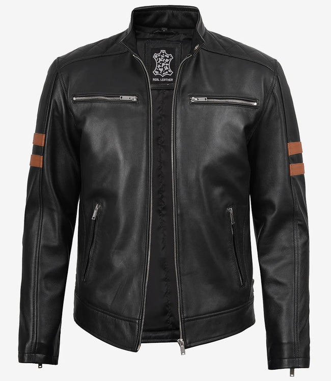 Schwarze Lederjacke im Biker-Stil für Herren mit hellbraunen Armstreifen
