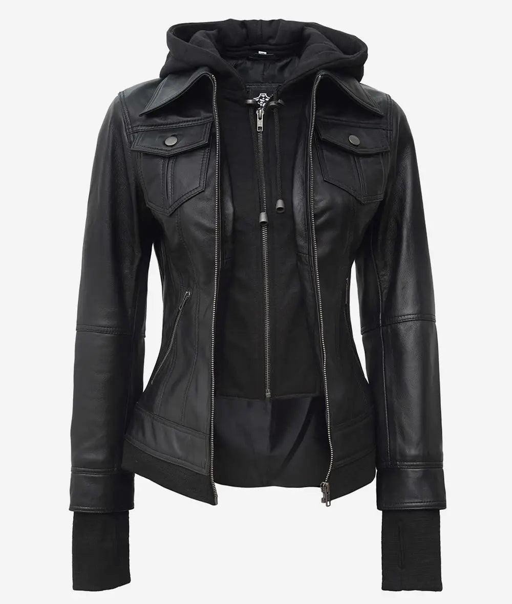 The Celeste: Schwarze Bomber-Lederjacke für Damen mit abnehmbarer Kapuze