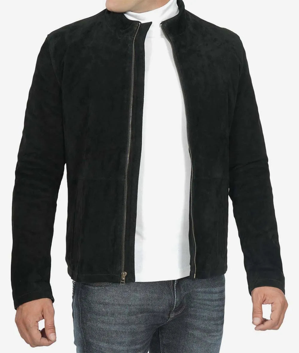 Mens Real Suede Leather Black Biker Jacket