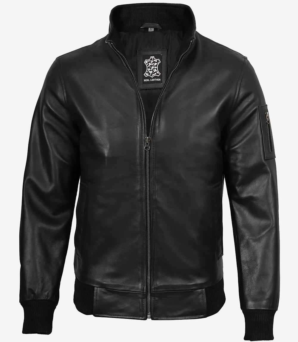 Schwarze Bomberjacke aus Rindsleder für Herren