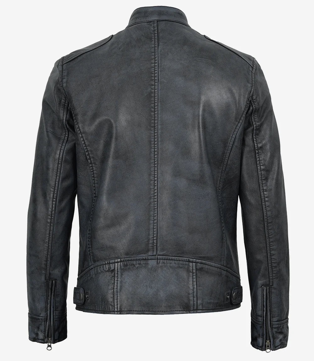 Dodge Men's Black Washed Leather Biker Style Jacket