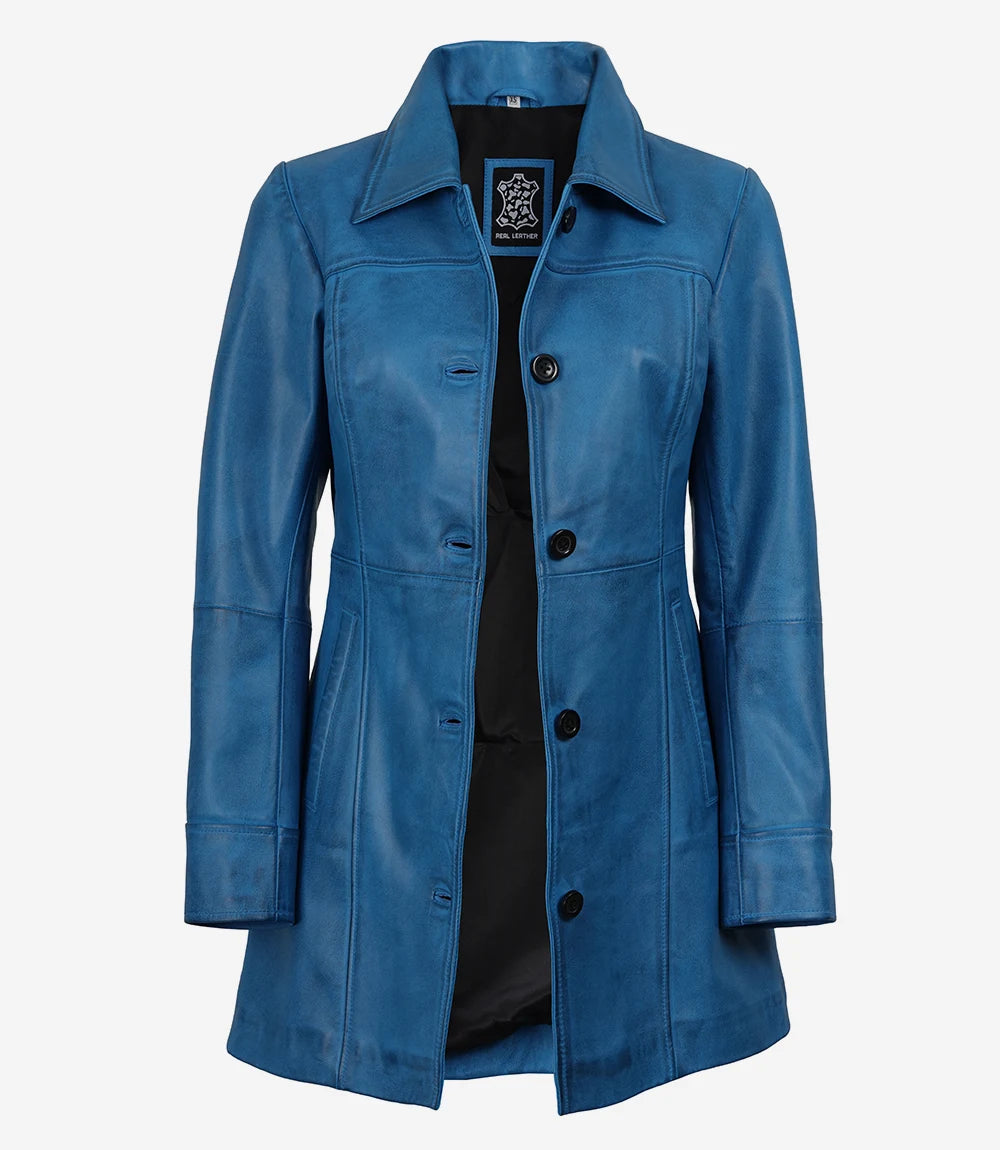 Womens Blue 3/4 Length Button Down Leather Coat