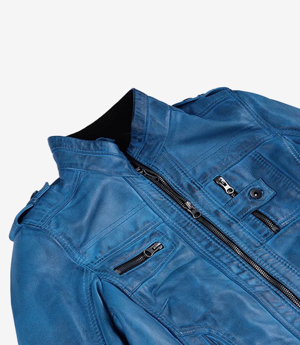 Blaue Damenjacke im Biker-Stil aus gewachstem Lammleder