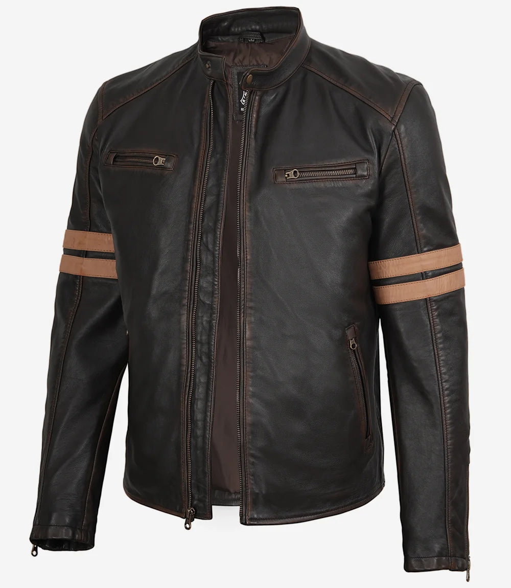 Men’s Vintage Brown Leather Biker Jacket with Dual Racing Stripes