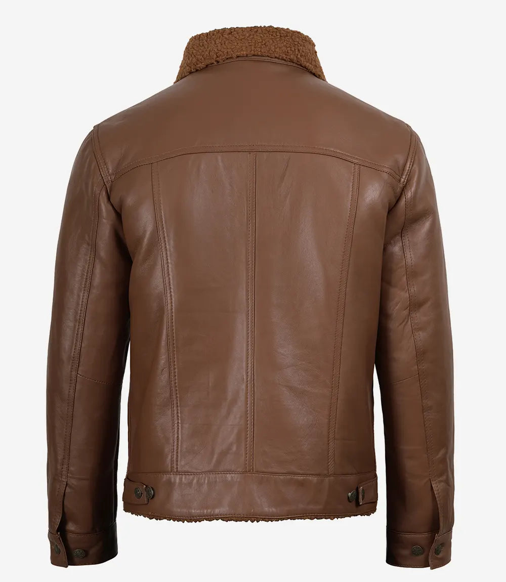 Men's Cognac Brown Real Lambskin Leather Trucker Jacket – Sherpa Lined