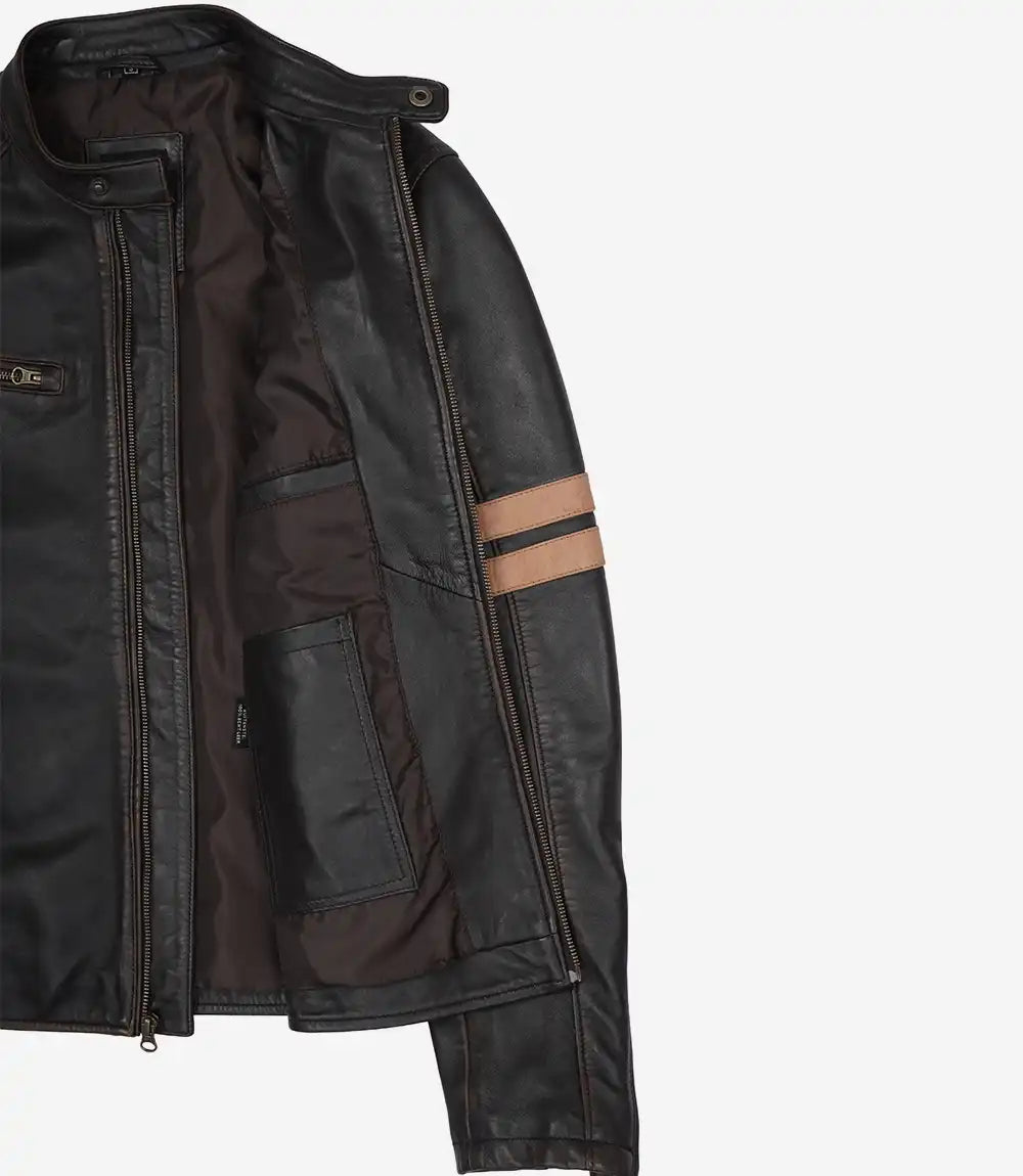 Men’s Vintage Brown Leather Biker Jacket with Dual Racing Stripes