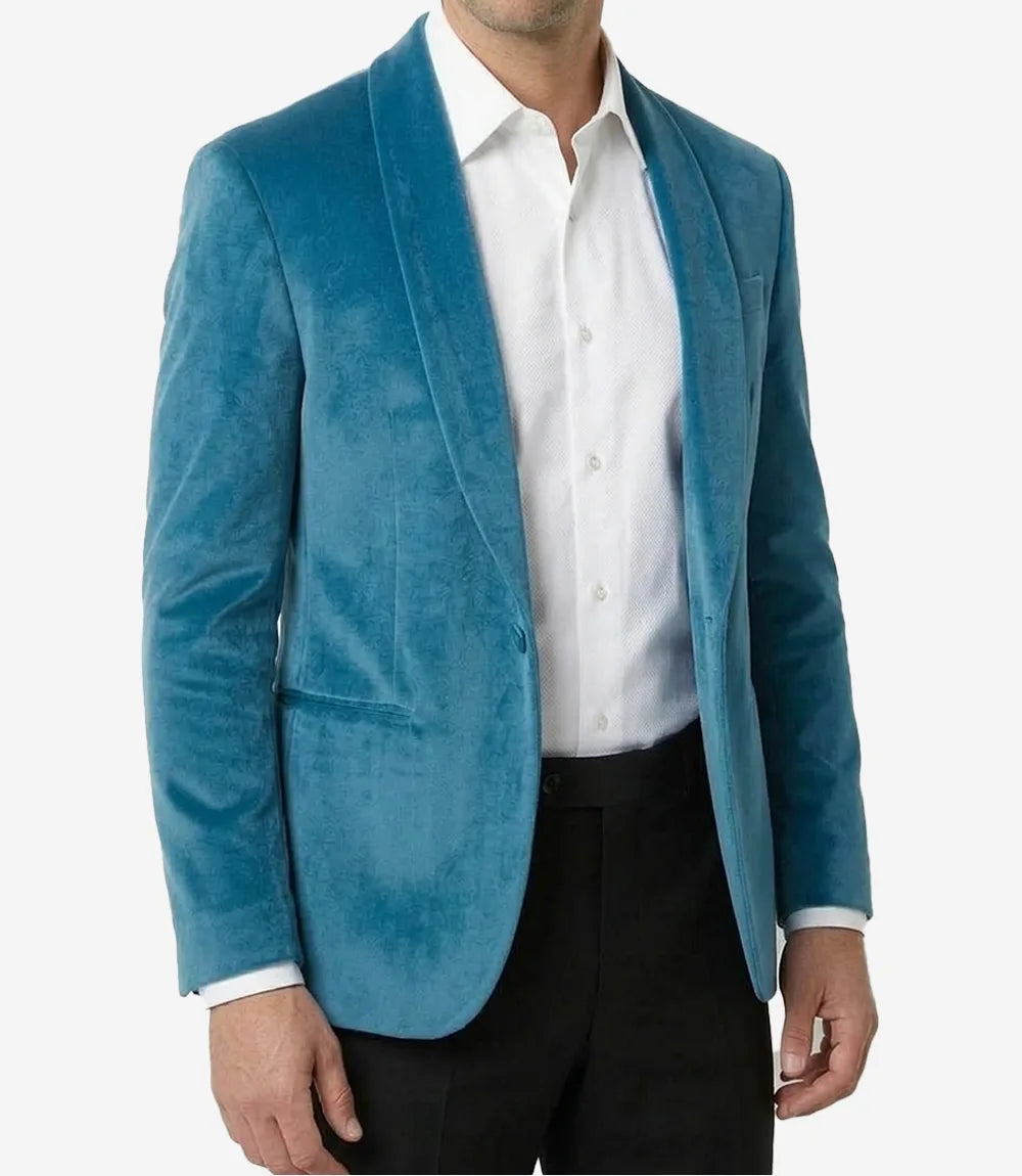 Mens Teal Blue Single Button Velvet Tuxedo Jacket